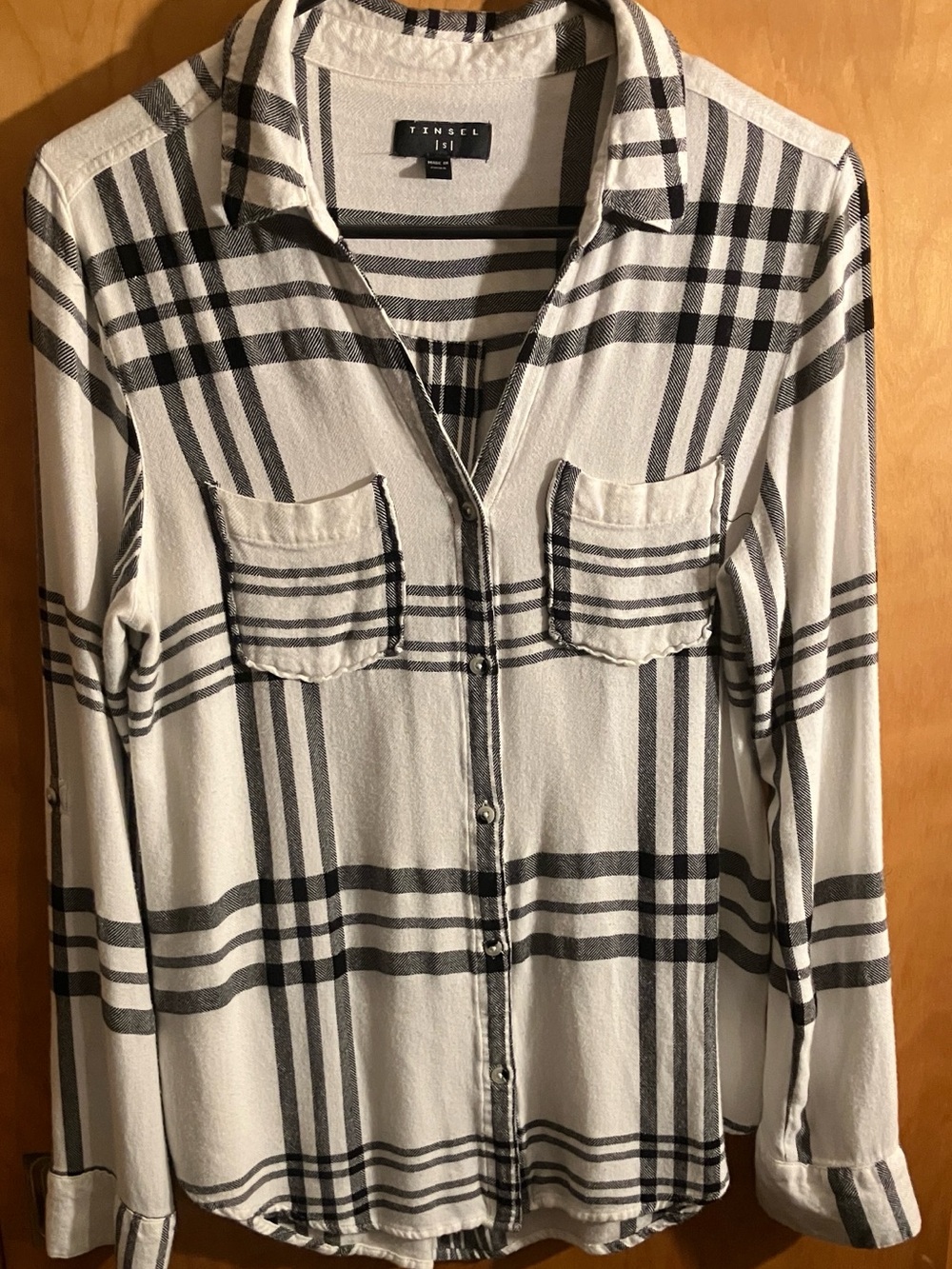 Tinsel Super Soft White and Black Plaid Button-Down Blouse